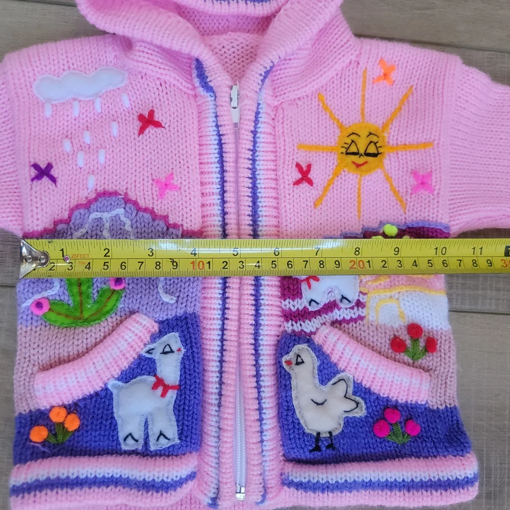 The Whisper Handicrafts Girls 100% Wool Llama Zip Hoodie Pink Size 18-24M / 2T